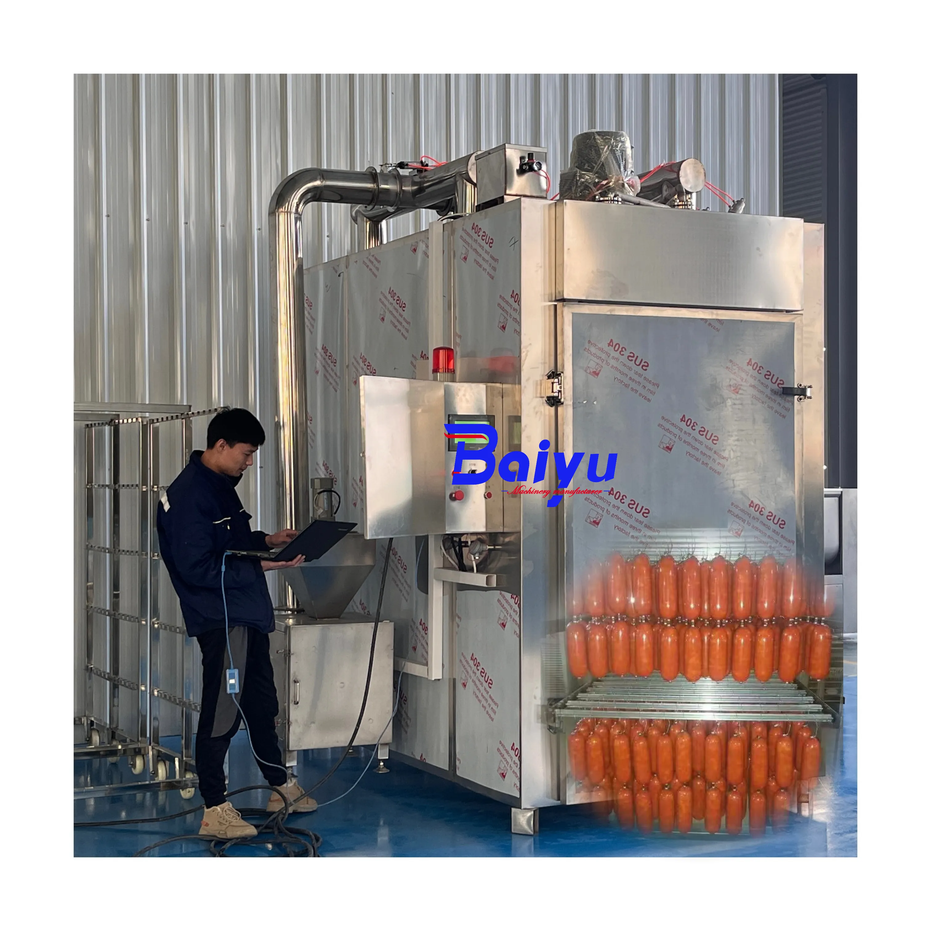 Baiyu Comercial Automático Fumador de Carne Motor Durável e Componentes de Núcleo PLC para Frango, Salsicha e Peixe Fumar Novo