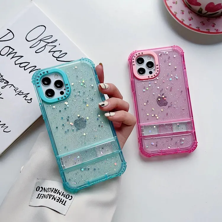 360 Fotolijst Onzichtbare Beugel Effen Kleur Glitter Lijm Mobiele Telefoon Hoesje Voor iPhone