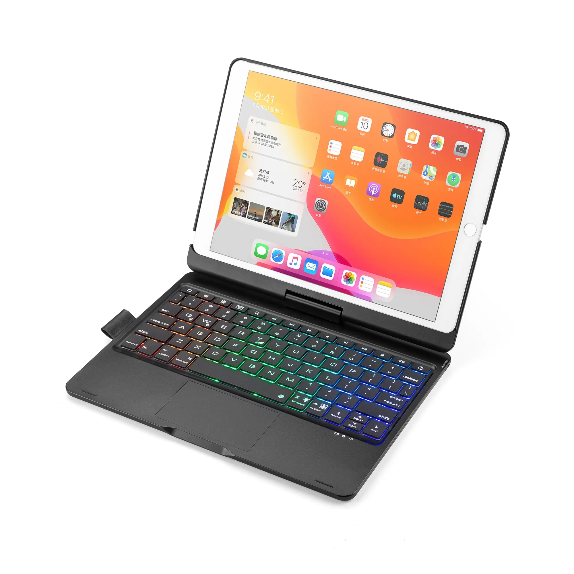 Casing Keyboard Putar 10.2 Derajat, Casing Keyboard Nirkabel 10.5 dengan Lampu Latar Warna-warni dan Bantalan Sentuh untuk iPad 9 360