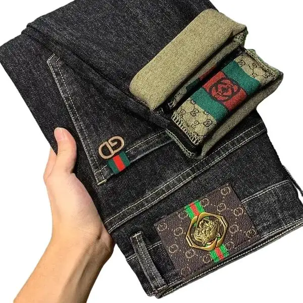 Primavera e outono nova tendência jeans masculino confortável alta estiramento macio jeans bordados com calças clássicas masculinas