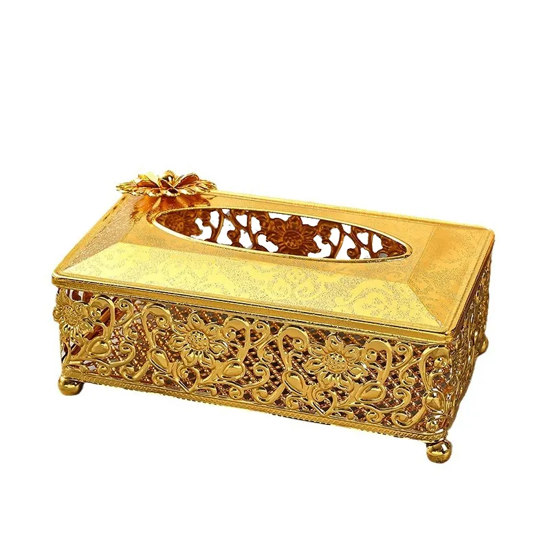 Boîte à papier en or européen à motif creux support personnalisé décoration de mariage à la maison boîte à mouchoirs en métal rectangulaire en fer