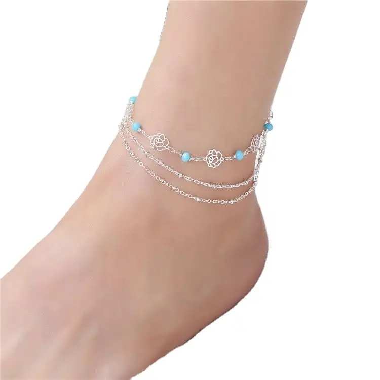Custom 925 silver Anklets foot jewelry, turquoise beads and flower anklets, triple layer chain anklet bracelet for women