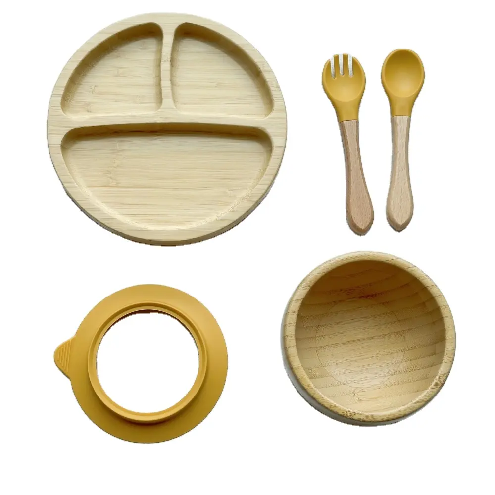 Ramah lingkungan mudah untuk dibersihkan dengan cangkir hisap yang kuat tiga grid dibagi piring bambu bayi mangkuk sendok garpu mangkuk set peralatan makan