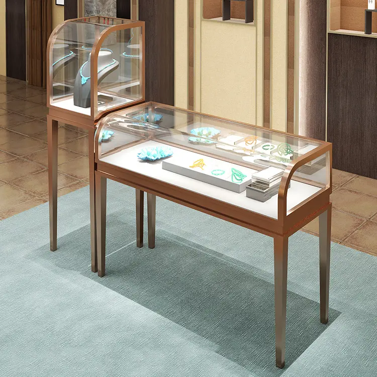 Vitrina de joyería dorada personalizada, vitrina de exhibición de acero inoxidable, soporte de exhibición de joyería, luz Led