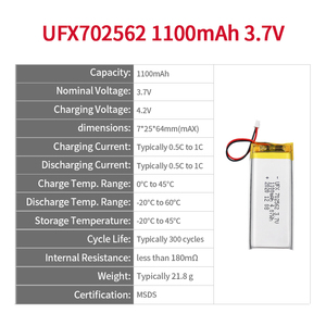 Литий-ионный полимерный аккумулятор UFX 702562 <span class=keywords><strong>1100</strong></span> мАч 3,7 В для мониторингового оборудования, производство на заказ, с сертификатом MSDS, высокое качество - Product Image 2