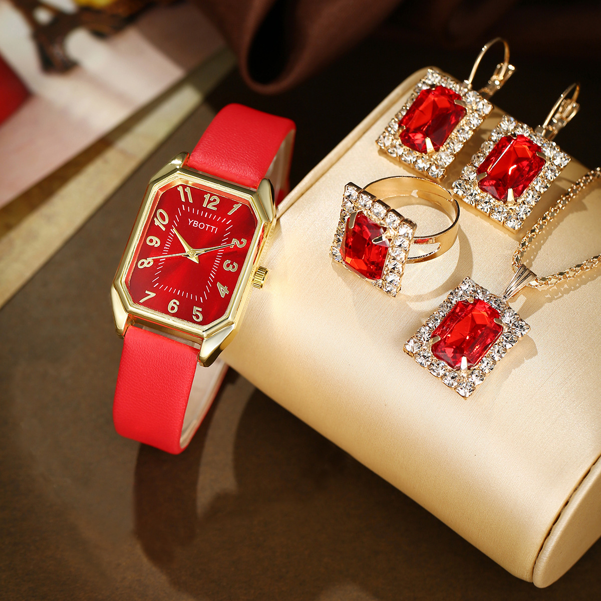 Red Square Rhinestone Jewelry 4-Piece Set Suit