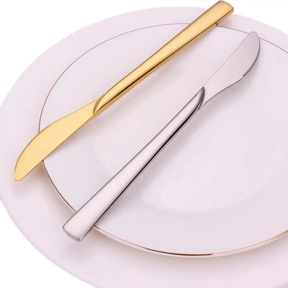Cuchillo DE MESA DE ORO mate, cuchillo de cena 18-0 de acero inoxidable de 8,5 pulgadas con espejo dentado, cuchillos de comedor plateados, juego de cubiertos