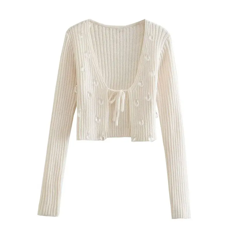 MY2410 New 2022 Autumn Chic V Neck Beading Decorate Long Sleeve Cardigan Women Knitwear Sweater Clothing 10