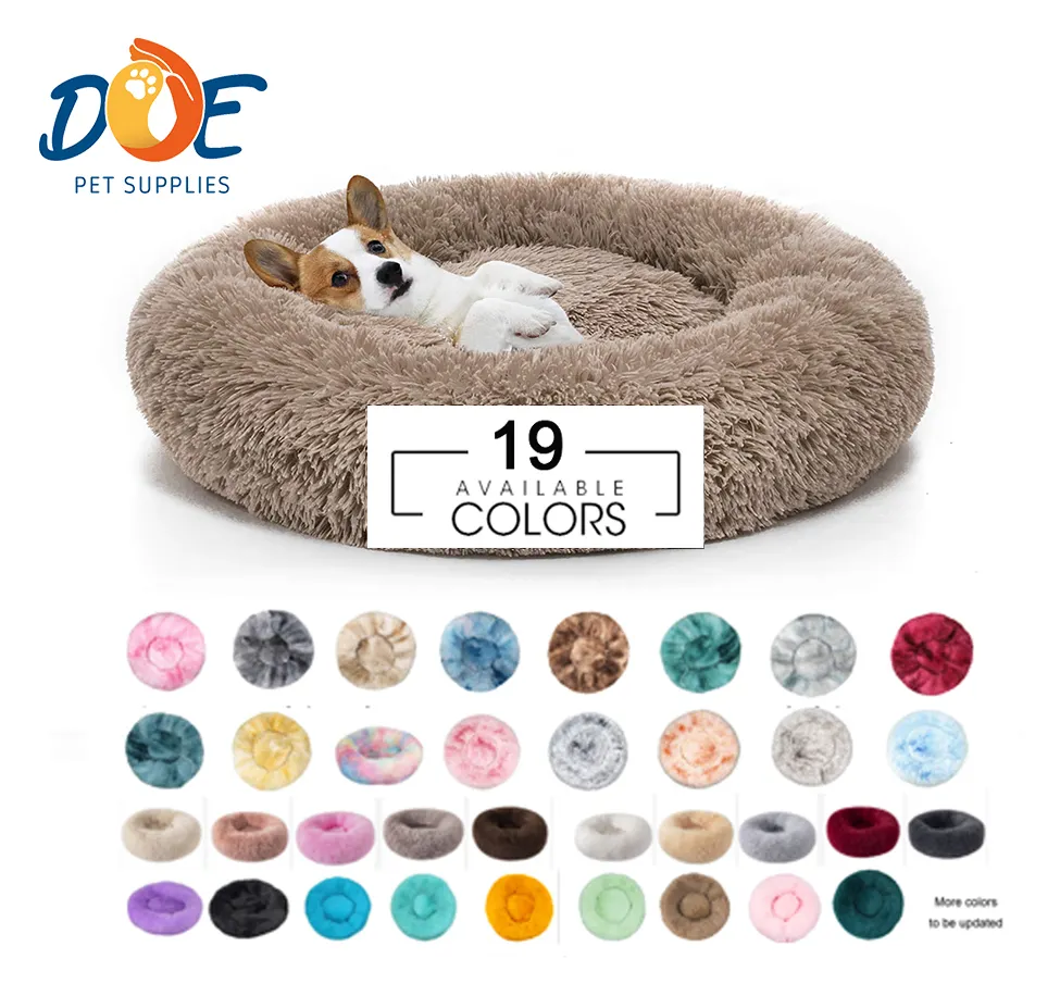 Doe Pet Dropshipping yumuşak sıcak Faux kürk çörek köpek yatağı sakinleştirici peluş lüks kabarık evde beslenen hayvan yatak yuvarlak yıkanabilir özel Logo ile