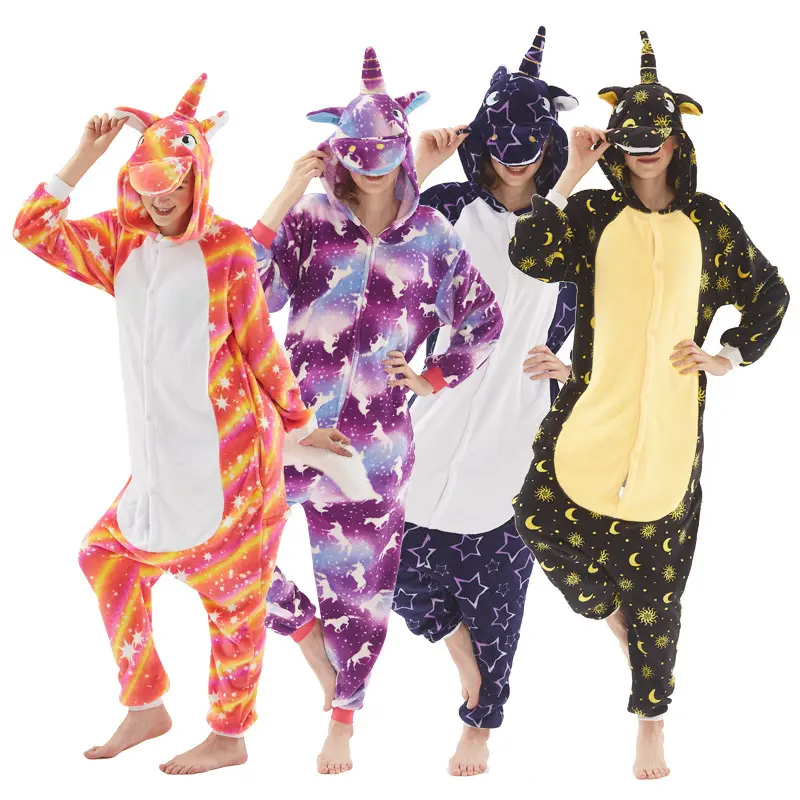 Venta al por mayor de franela de dibujos animados de animales de una pieza de Navidad de impresión niños pijamas cálido Unicornio Pijama Kigurumi