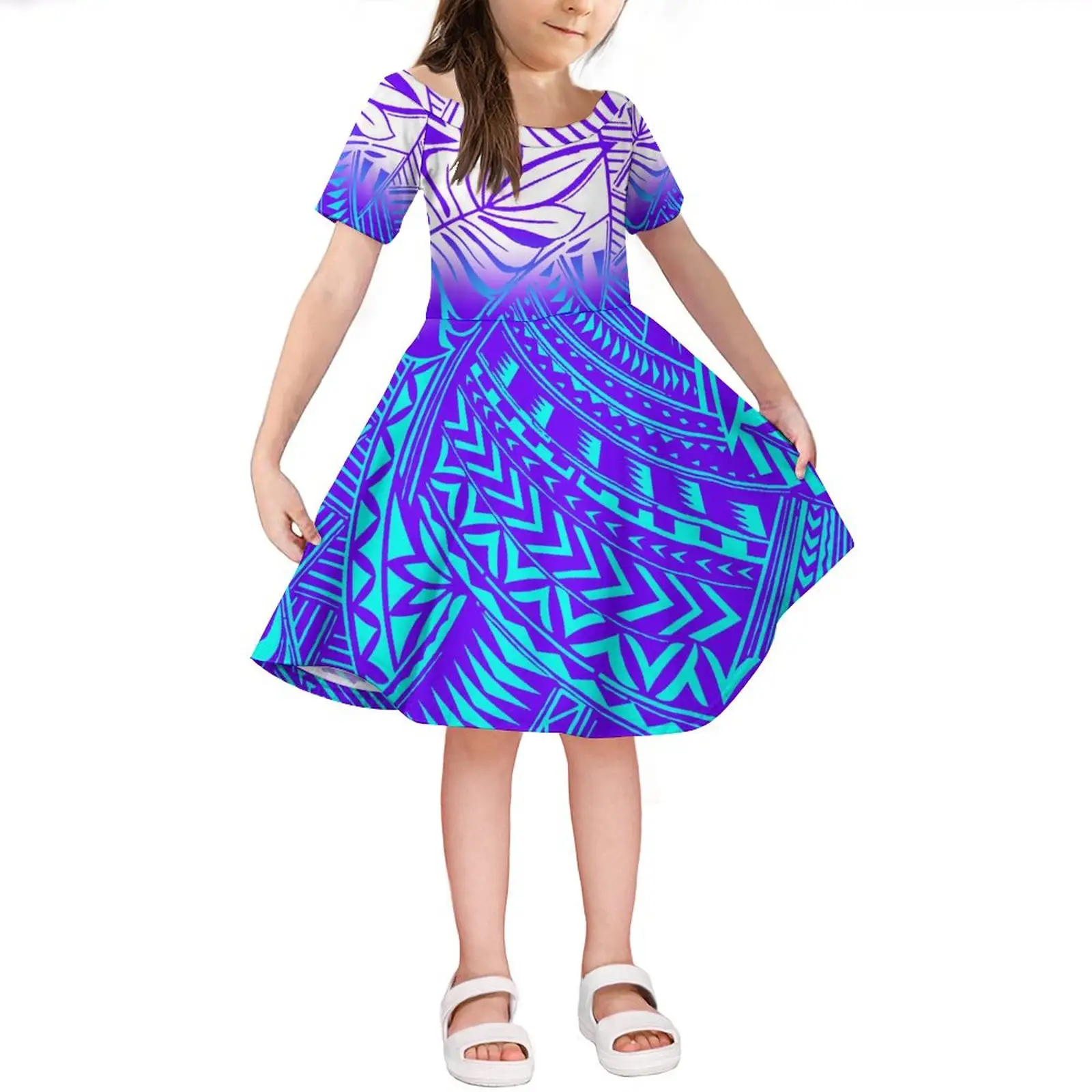 Nova Alta Qualidade Personalizado Manga Curta Baby Girl Vestidos Crianças Roupas Polinésia Havaí Tribal Print Kids Vestidos Para Meninas