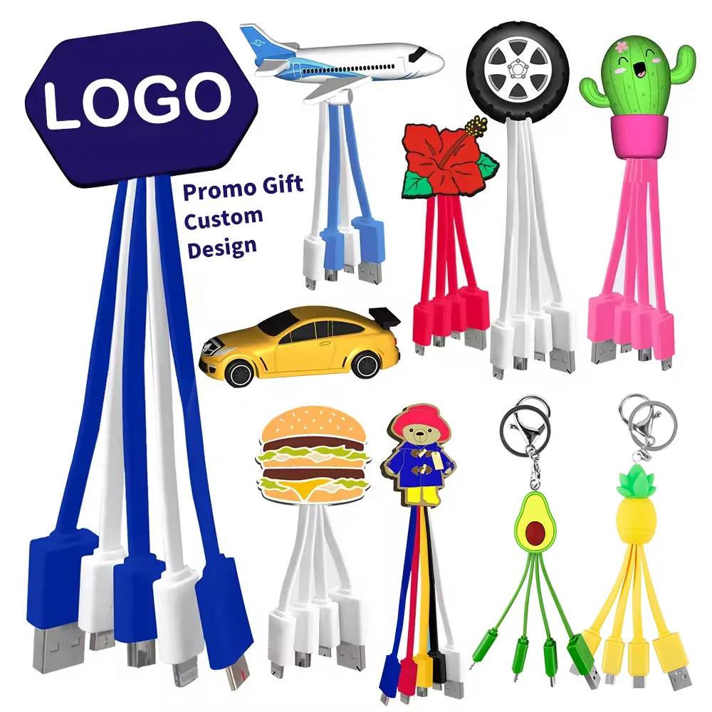 Promo Gift LOGO Custom Any Design Keychain 3In1 Charger Cable Multi Port Phone 3 in 1 Charging USB Cable