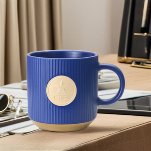 Matte Blue with <strong>Star</strong> Design 12 oz Catering Mugs Cup Set with Handle for <strong>Coffee</strong>, Tea, Cocoa, Milk Ceramic Stoneware Drinkware Set - Product Image 1