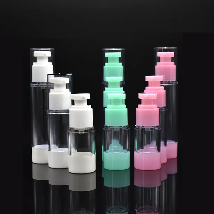 Renkli kozmetik havasız şişe için uçucu yağ losyon serum seyahat ambalaj 15ml 30ml 50ml plastik havasız pompa şişesi