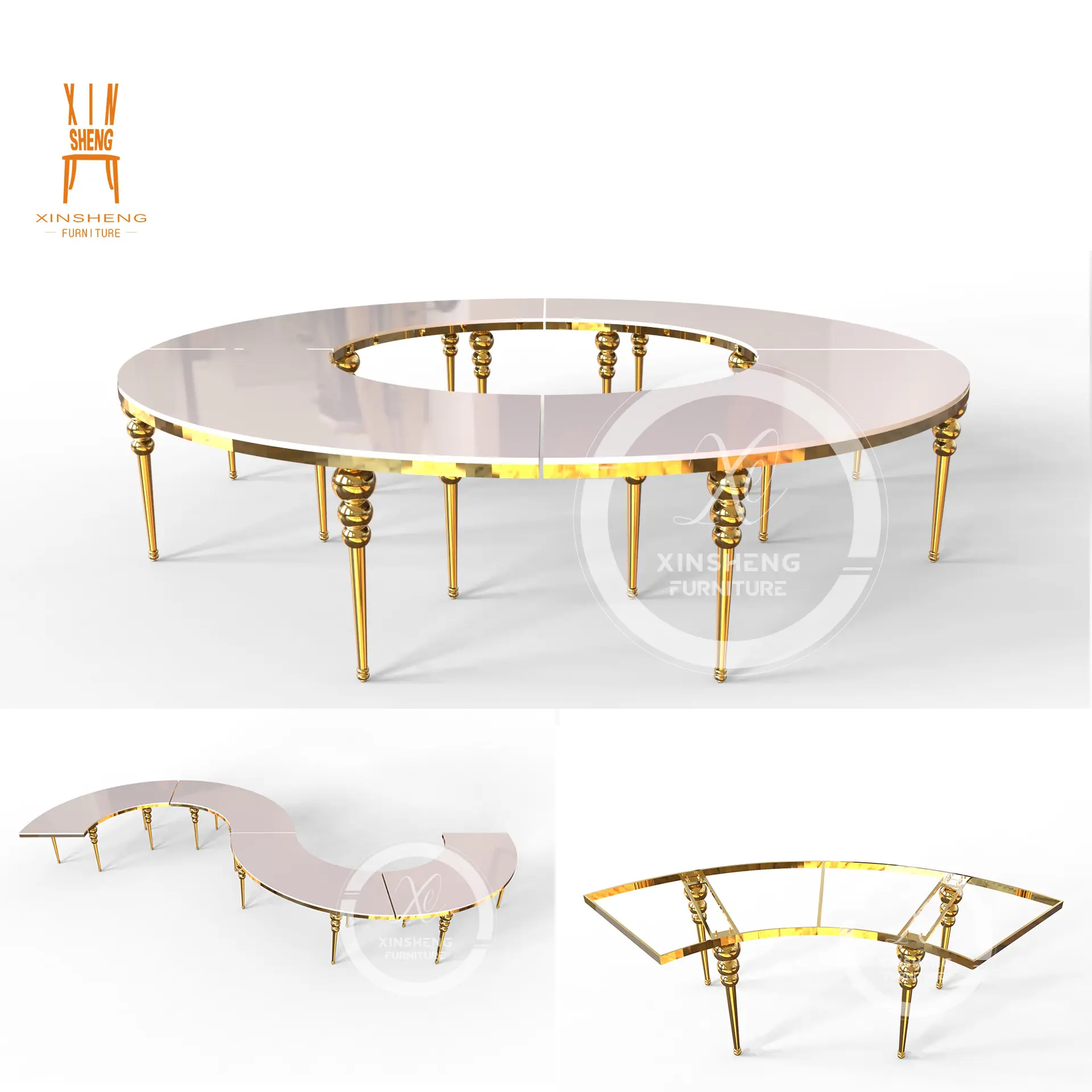 Table de lune de luxe en acier inoxydable demi-ronde événement d'hôtel table de mariage serpentine