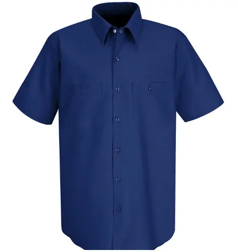 Venta al por mayor de verano de color sólido de manga corta 100% taladro de algodón de los hombres de construcción ropa de vestir camisas