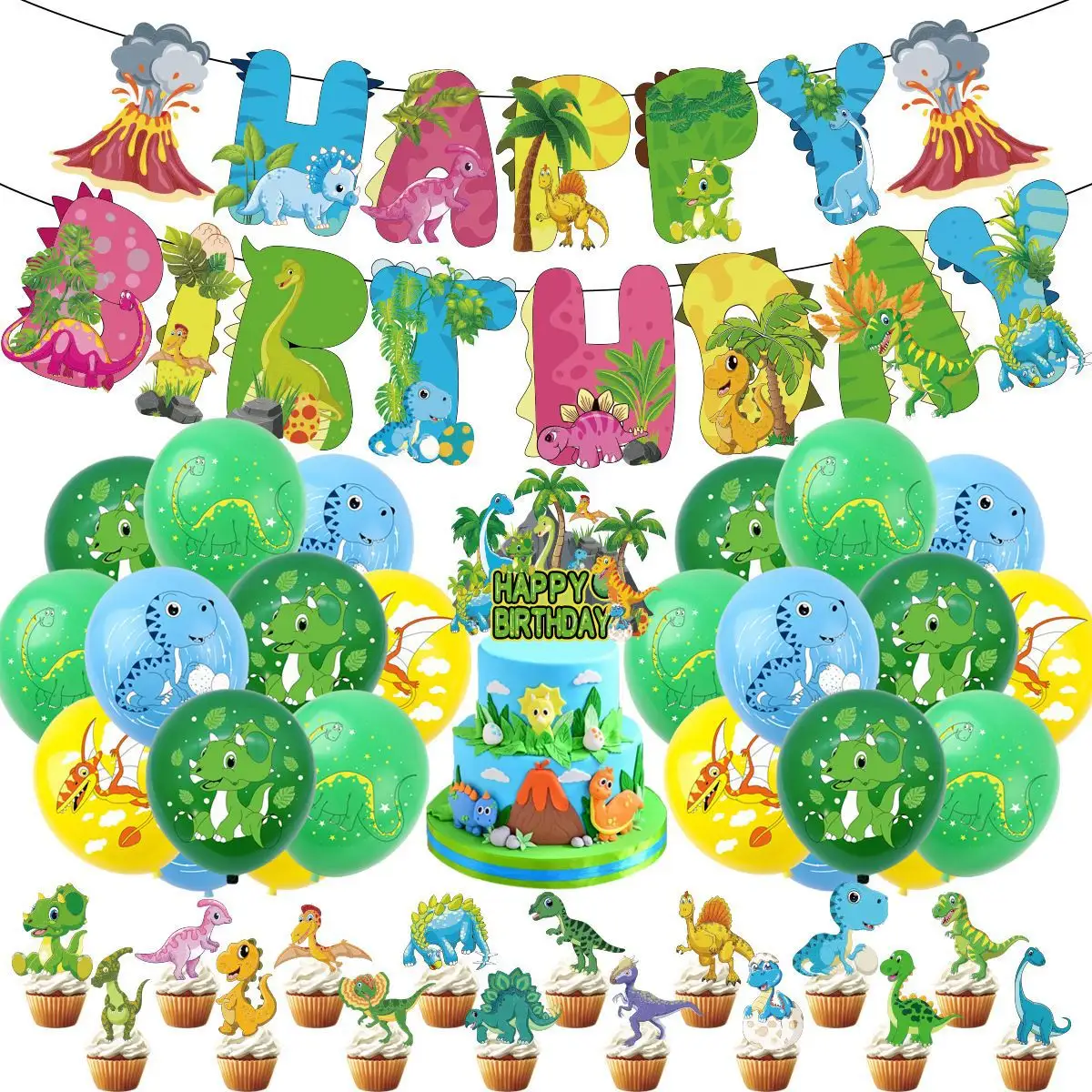 Juego de cumpleaños de dinosaurio de la jungla de dibujos animados LUCKY Fiesta de cumpleaños para niños con un tema tirar bandera globo pastel con pancartas