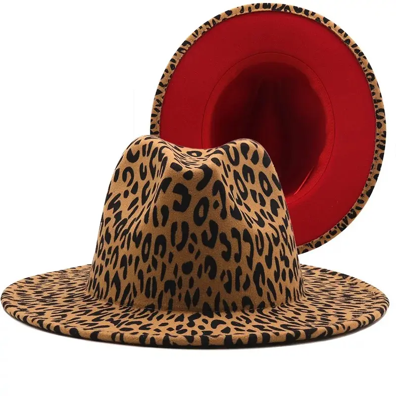 Kış klasik yeni stil iki ton leopar baskı geniş ağız fötr şapka şapkalar Vintage caz Panama Fedora Cas