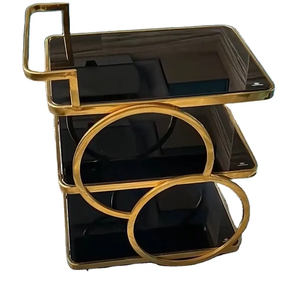 Carrito de servicio superior de vidrio para cocina, carrito de té de metal dorado con ruedas