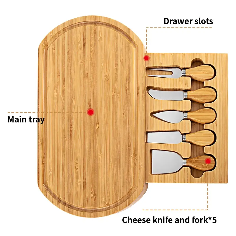 Planche à fromage en bambou et ensemble de couteaux plateau de service tiroir coulissant planche à découper à fromage ensemble de couteaux à couverts de confiserie