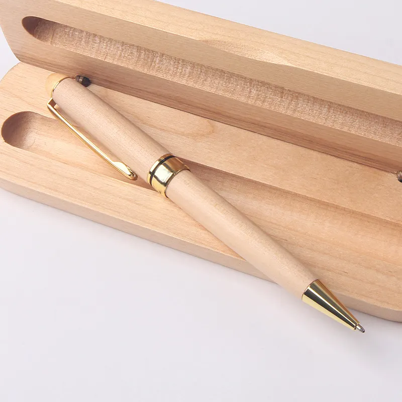 Penna in legno chiaro personalizzata con Logo Set di souvenir di lusso regali MB Golden trim penna a sfera in legno di bambù con scatola in legno