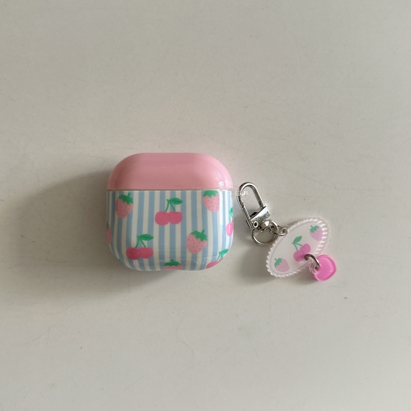 จี้หัวใจรูปวงรีสีเชอร์รี่สตรอเบอร์รี่ลายทางสีฟ้า