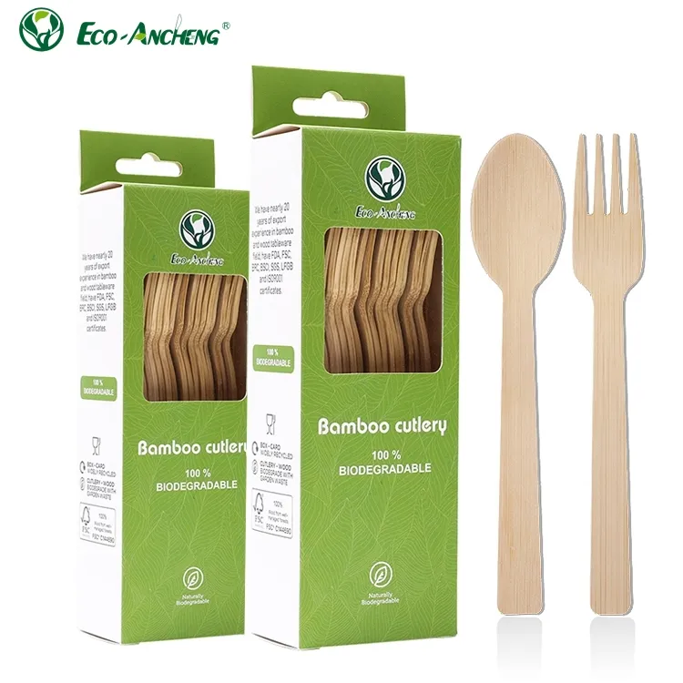 Ustensiles en bambou naturel en gros 50pcs fourchettes cuillères couteaux couverts en bambou biodégradables jetables