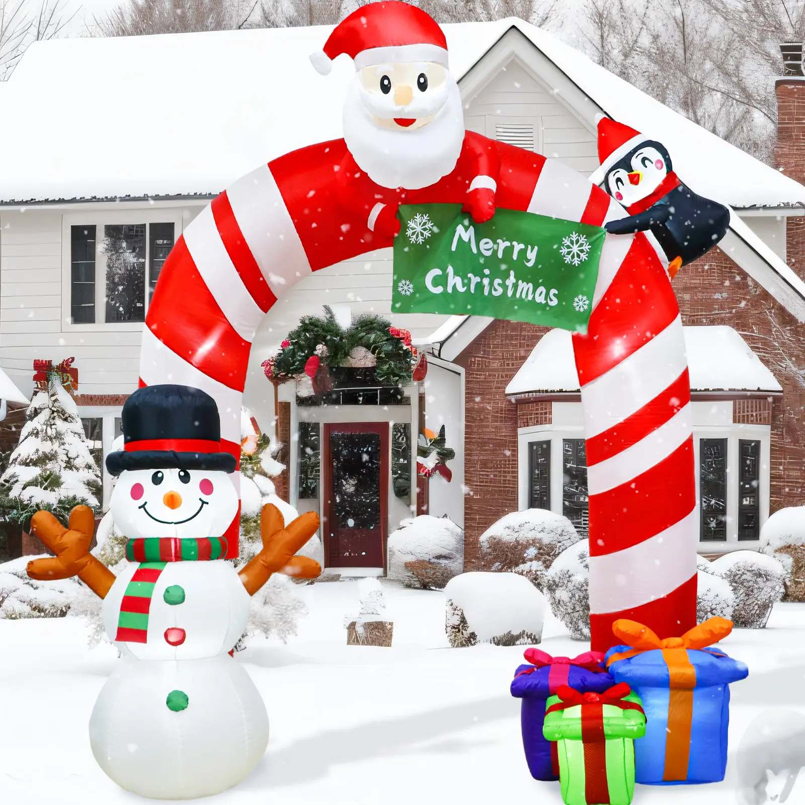 OurWarm 8FT Inflables de Navidad Candy Cane Archway Santa Penguin y Snowman Arco inflable Blow Up Decoraciones de patio