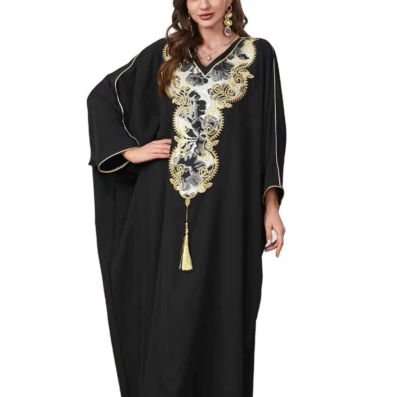 Middle East Arabian Solid color embroidered bat sleeve casual ladies ultra loose Muslim dress with fringe dubai abaya