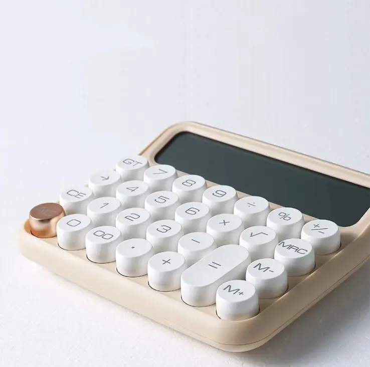 Kalkulator elektronik tombol bulat 12 digit untuk bisnis dengan pemasok daya baterai AAA kunci mekanis modis warna-warni