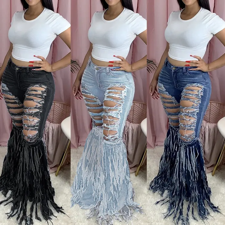 Yeni stil 2020 tasarım bayanlar püskül yırtık Jean moda yaz kadın Flare kot XXL pantolon