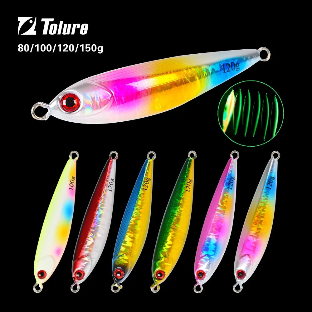 Tolure 80g 100g 120g 150g Glow Jigs Señuelo de pesca de curricán de agua salada Hundimiento Plomo Pescado Jigs de paso lento Señuelo de jigging de metal