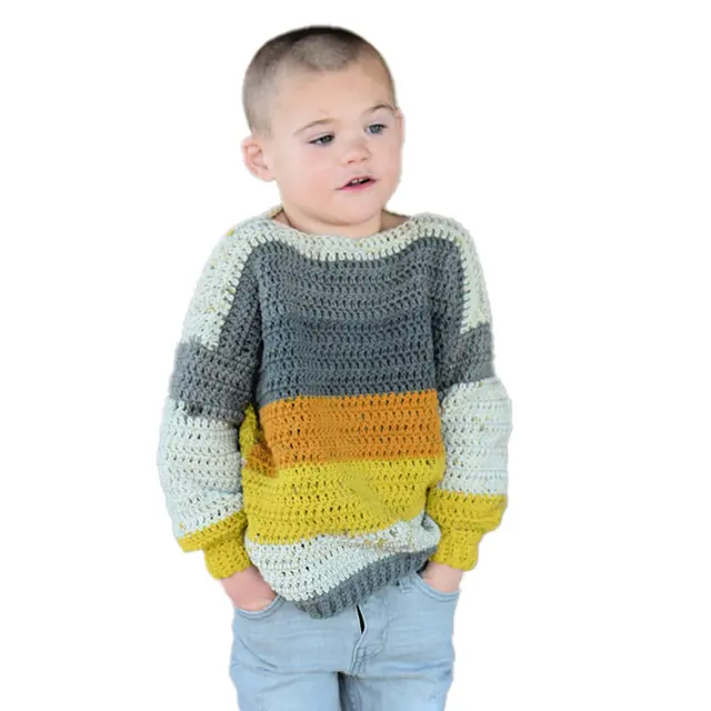 OEM personalizado moda niños diseño hueco suéter de punto de un cuello Casual niños pulóver Patchwork rayas suéter para niños