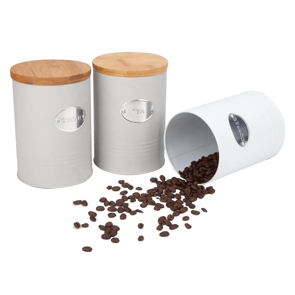 Penyimpanan Gula Teh, Kotak Kaleng Kopi Teh Kayu Bambu Wadah Makanan Kedap Udara 3 Set