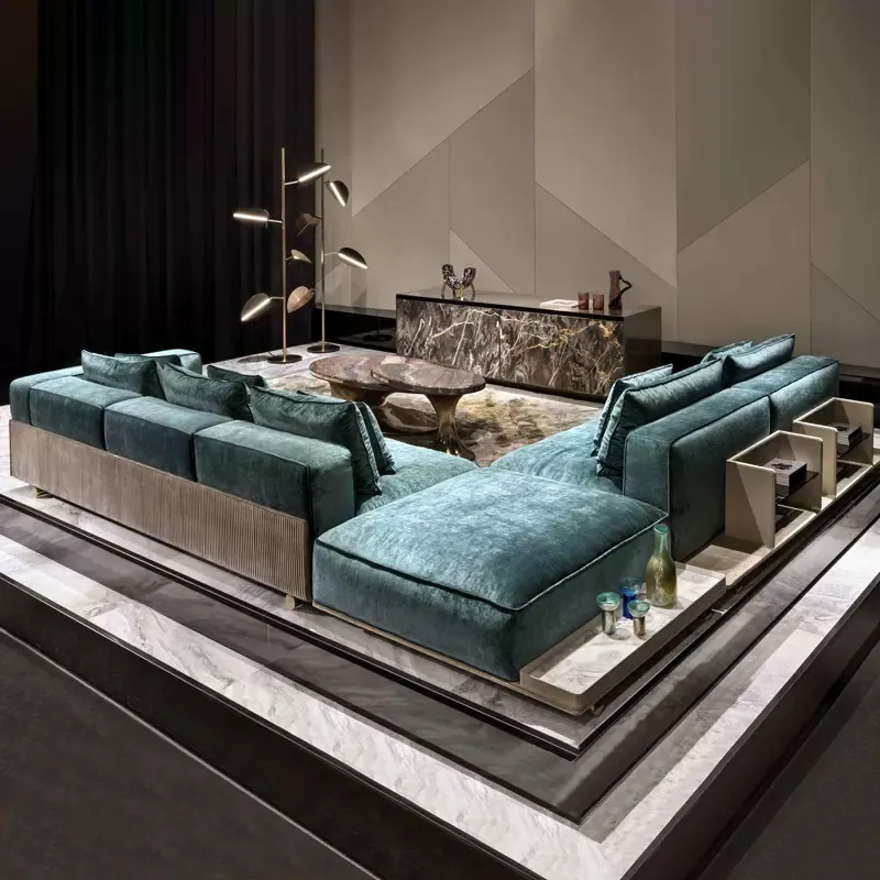Sofá de lino de tela ligera de algodón y microfibra de lujo de fabricante Villa apartamento Hotel muebles de diseño de gama alta