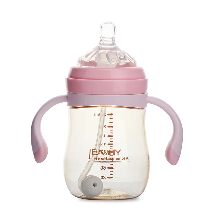 Karikatür çevre dostu taşınabilir pembe BPA ücretsiz PPSU yenidoğan bebek besleme için plastik silikon saman içme süt şişesi