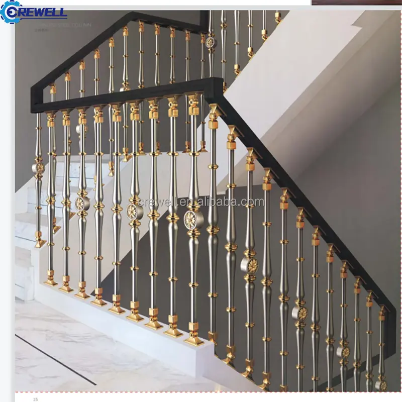 Lujo oro escalera barandilla oro interior Villa aluminio escalera barandilla color oro aluminio