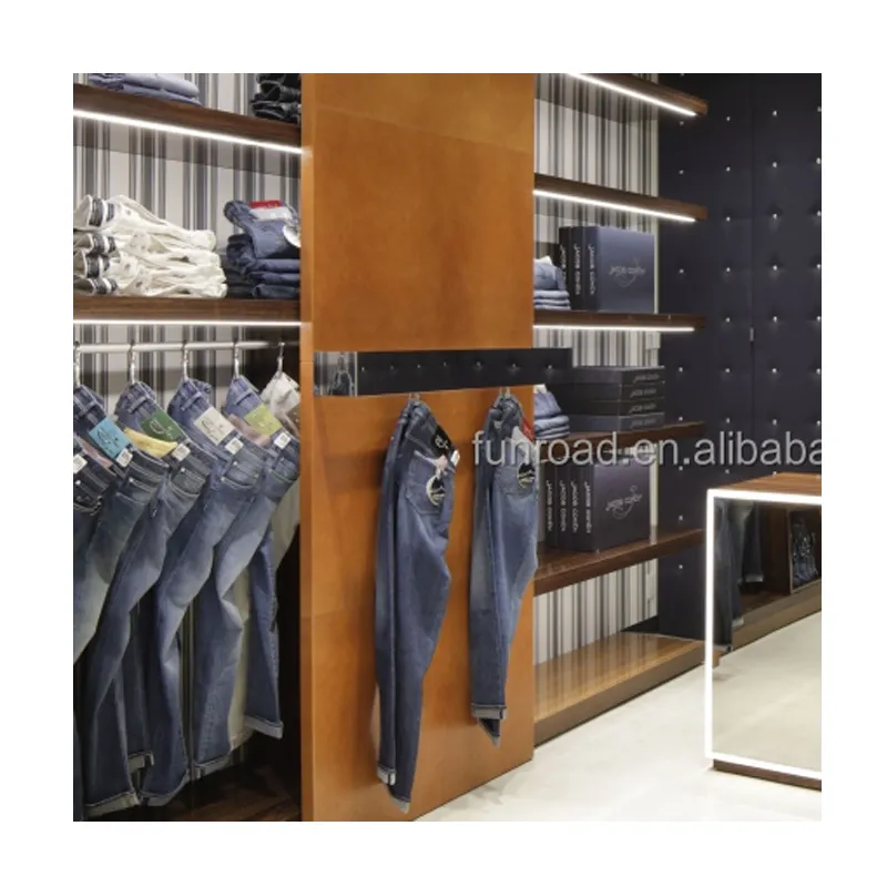 Perakende giyim mağazası 3D tasarım ekran erkek giysileri kot ekran rafları asılı rafları Denim Showroom ekran