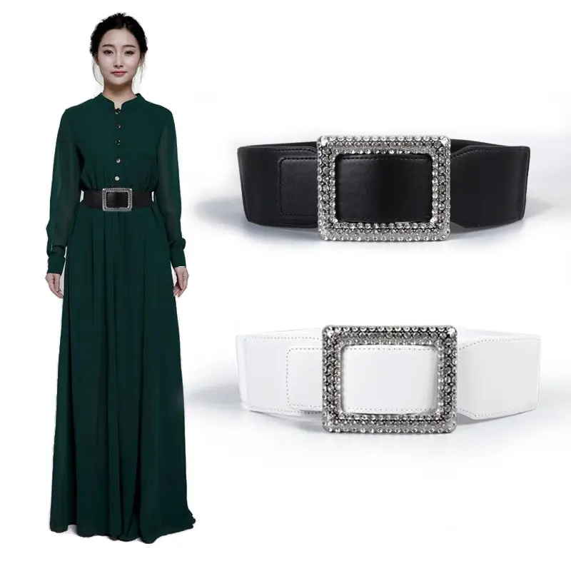 Ceinture en cuir PU à boucle diamant noir et blanc de 70 à 110cm, ceinture élastique ultra large pour robe pull et chemise pour femme