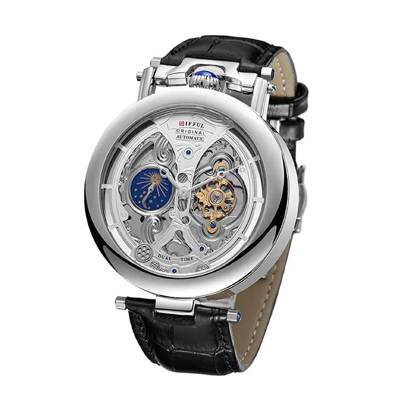 DIFFUL Luxury Big Skeleton Dial orologio da uomo Moon Phase Tourbillon Leather orologi automatici da uomo