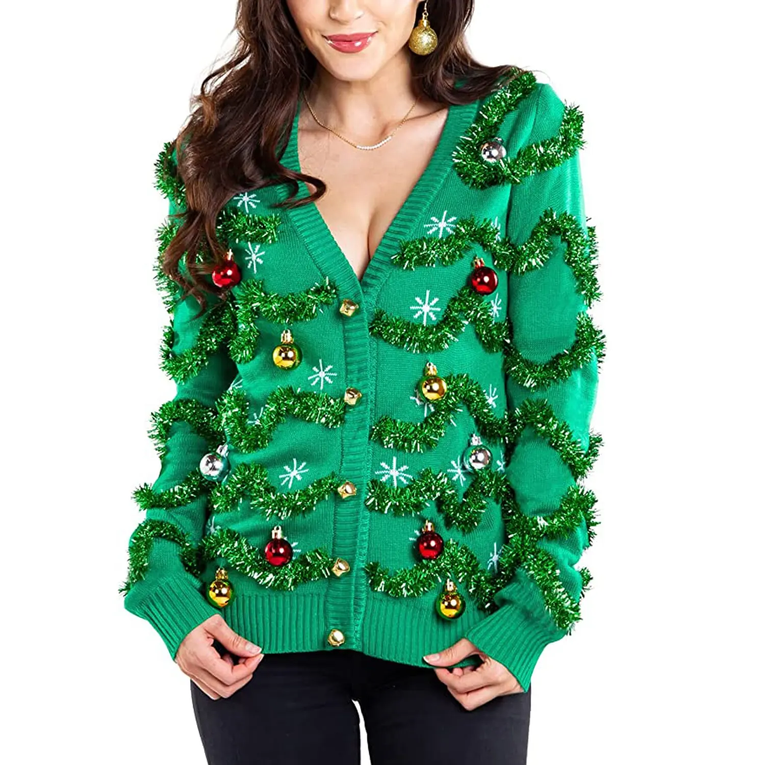 醜いクリスマスセーター粘着性のある女性の醜いクリスマスセーターカーディガン派手な花輪ととんでもない装飾品