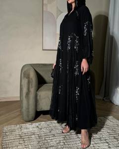 Özel dubai siyah abaya başörtüsü seti islam giyim premium siyah çiçek petal süslenmiş şifon açık abaya