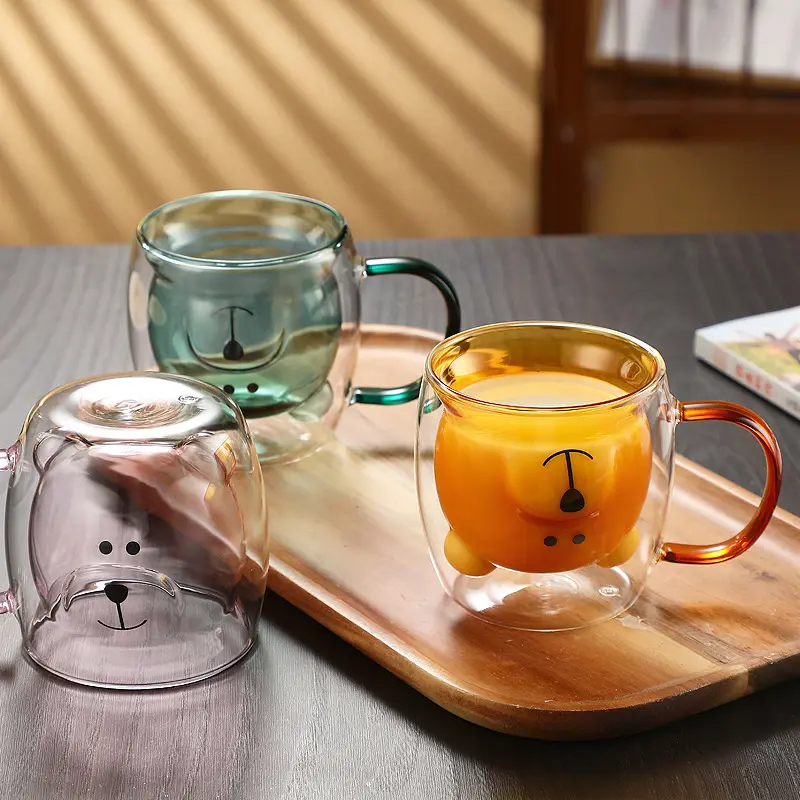 Kolu ile yaratıcı ayı Tumbler çift cam kahve süt kahvaltı fincan ev karikatür su bardağı