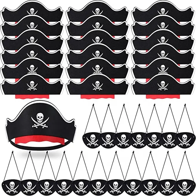 Puntelli per foto a tema pirata 36 pezzi cappello da pirata in feltro nero e bende per gli occhi per bambini Costume di Halloween