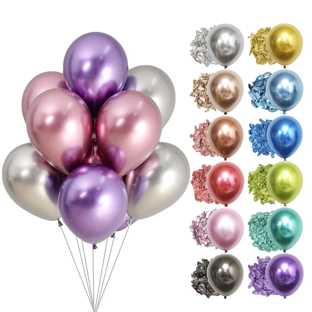 Balões de látex de pérola de metal de 12 polegadas, globos metálicos cromados grossos, decoração de aniversário, cores de festas cromadas, balões metálicos de látex