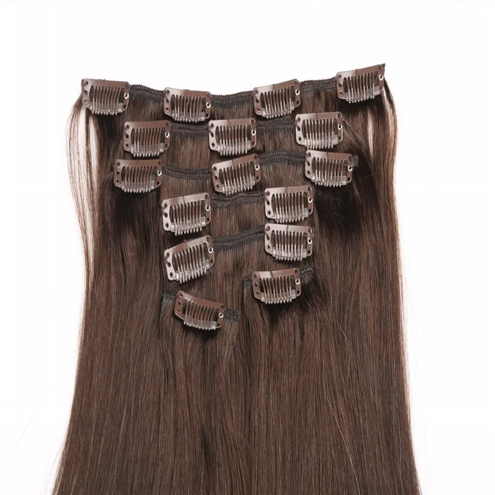 Extensions de cheveux Remy invisibles Remy, Clips longs et lisses, brun foncé, 25 pièces