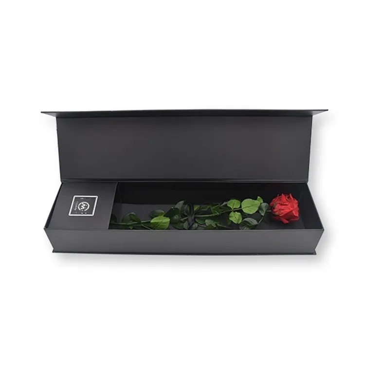 กล่องของขวัญดอกไม้กระดาษบรรจุภัณฑ์ทรงสี่เหลี่ยมแม่เหล็กกระดาษแข็งสีดำตามสั่ง