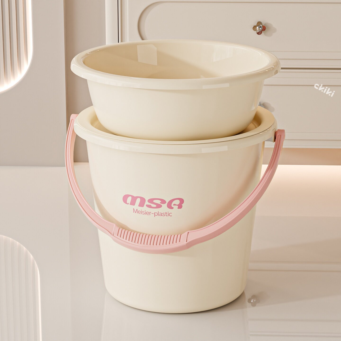 3-piece set-bucket basin lid-dustproof with lid-milk fluff pink