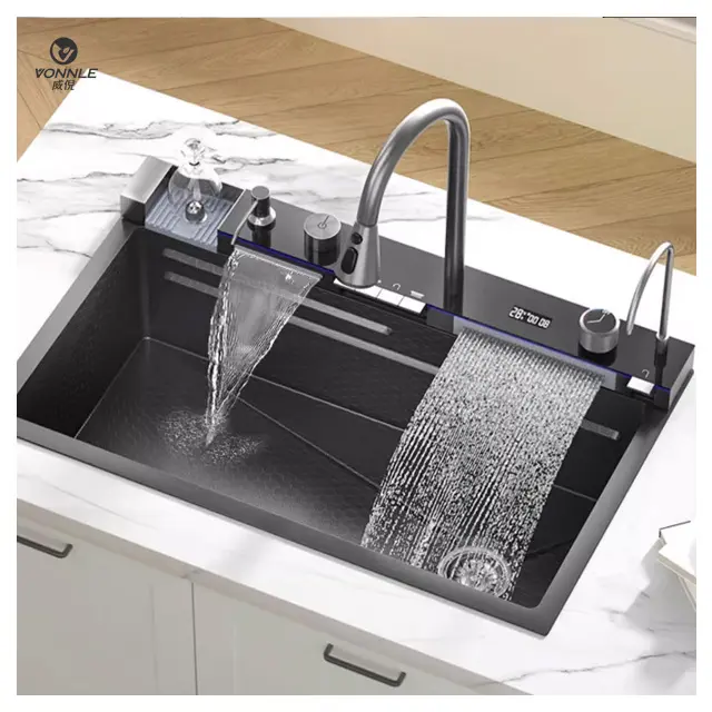 Nuevo fregadero de cocina con pantalla digital para el hogar, cascada, fregadero de cocina moderno, cocina de acero inoxidable