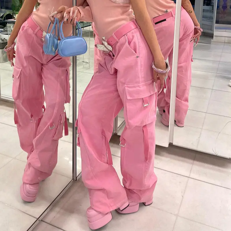 Y2k Streetwear Cargo hose Pink Rock Damen Damen Jeans Coquett Low Rise Hosen Rave Outfits Taschen Jeans für Frauen